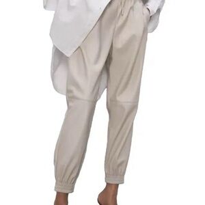 Zara| Beige Faux Leather Elastic Drawstring Waist Cuffed Joggers Sz L